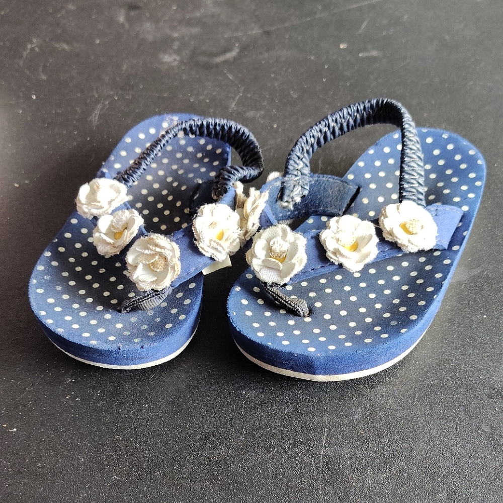 Koala Kids Navy and White Polka Dot Sandals with Floral Accents